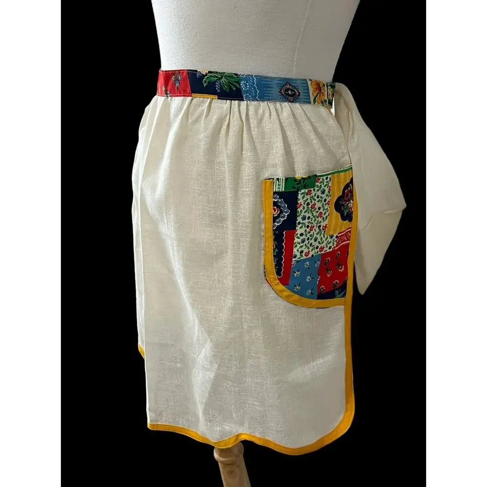 Vintage MCM Half Apron Linen Hostess Retro Floral Trad Cottagecore